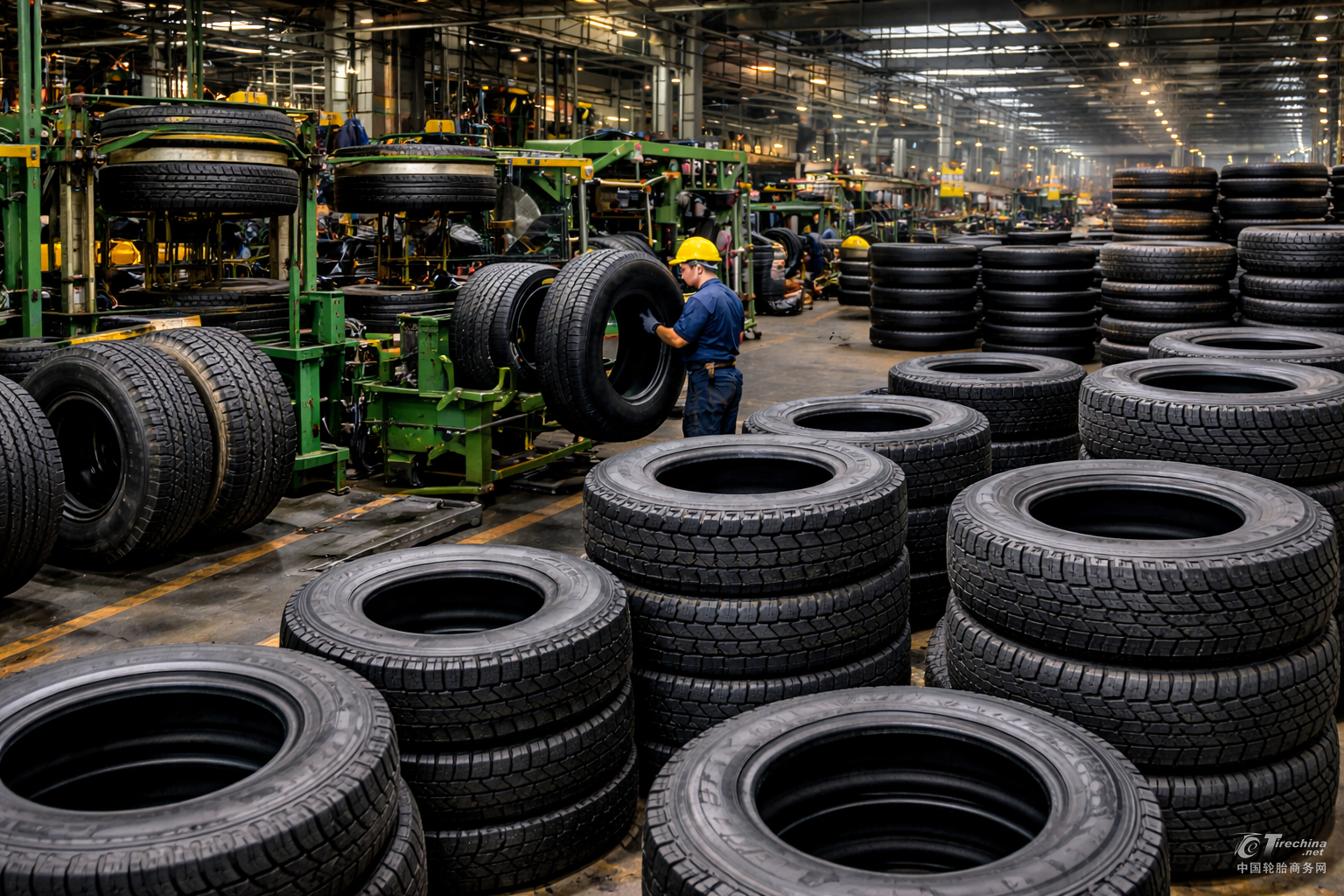 轮胎工厂内多尺寸多花纹轮胎生产与存放场景.png